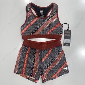 Janji Red and Black Geometric Sports Bra and Shorts